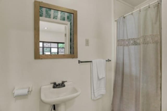 bathroom with sink and a shower with shower curtain