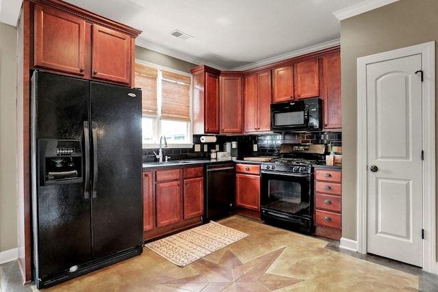 kitchen with black appliances, tasteful backsplash, ornamental molding, and sink