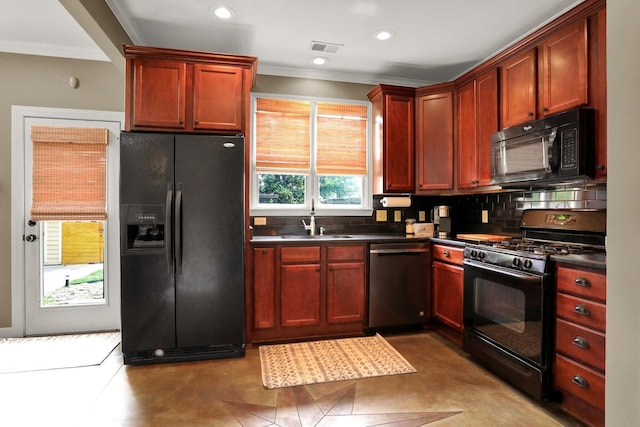 kitchen featuring black appliances, dark tile patterned flooring, backsplash, ornamental molding, and sink