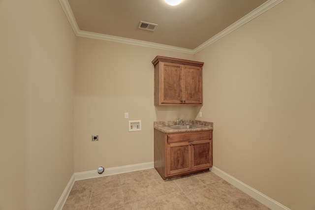 laundry room featuring electric dryer hookup, hookup for a washing machine, cabinets, ornamental molding, and sink