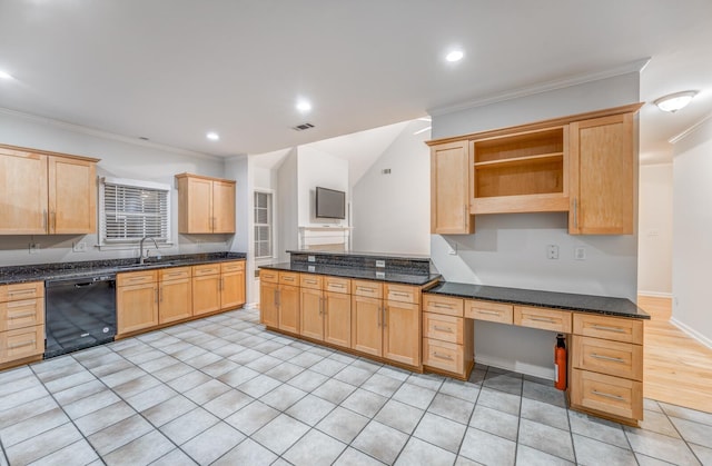 kitchen featuring light tile patterned floors, dark stone countertops, crown molding, and black dishwasher