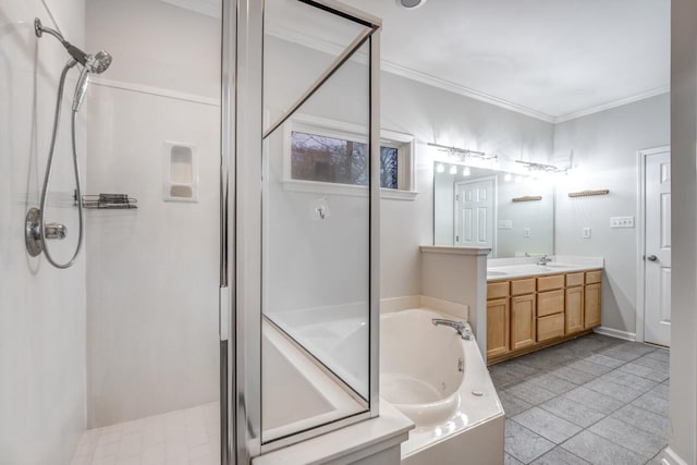 bathroom featuring ornamental molding, tile patterned floors, vanity, and shower with separate bathtub