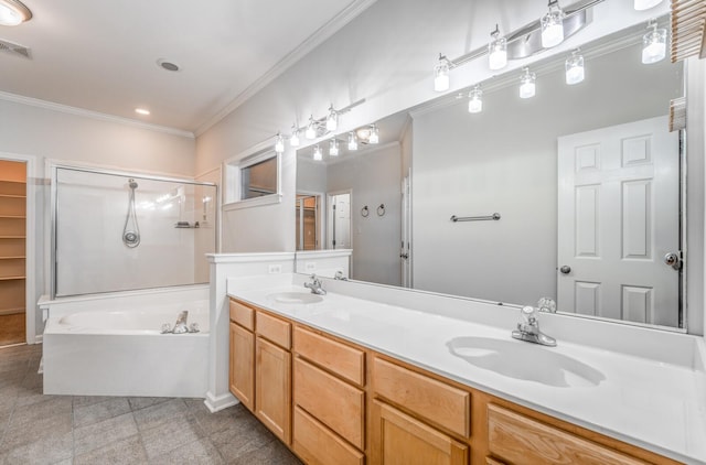 bathroom with shower with separate bathtub, ornamental molding, and vanity