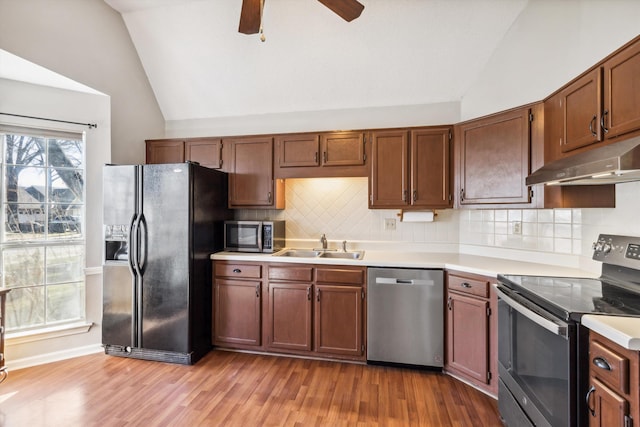 kitchen with sink, vaulted ceiling, ceiling fan, light hardwood / wood-style floors, and appliances with stainless steel finishes