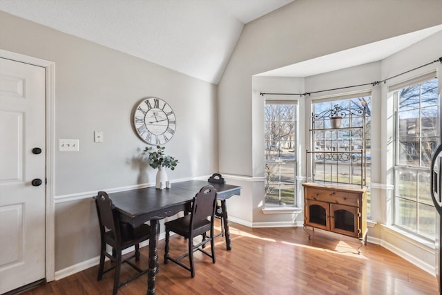 dining area with hardwood / wood-style floors, lofted ceiling, and plenty of natural light