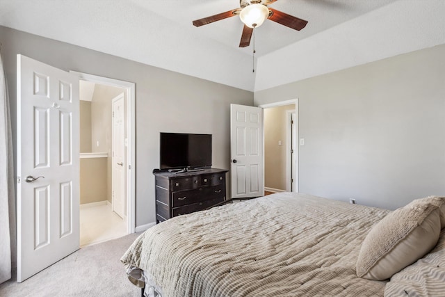 bedroom with light colored carpet, ceiling fan, and vaulted ceiling