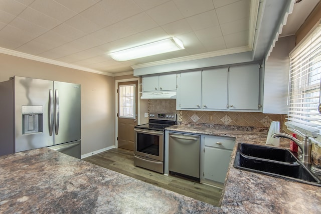 kitchen with sink, ornamental molding, backsplash, dark hardwood / wood-style flooring, and appliances with stainless steel finishes