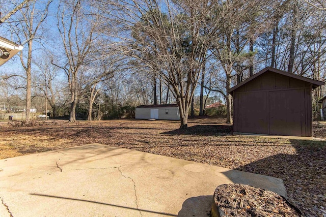 view of yard featuring a patio and a storage unit