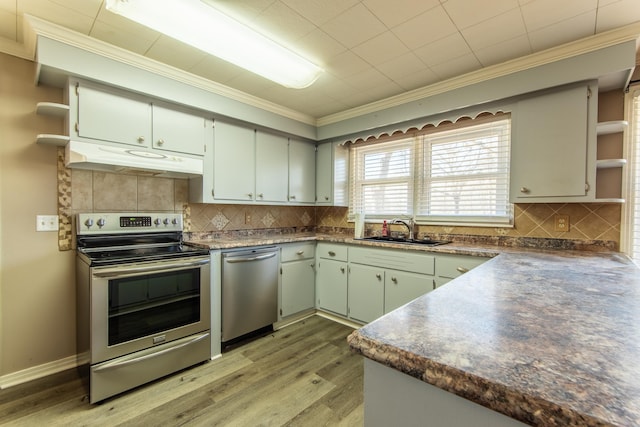 kitchen with light hardwood / wood-style floors, stainless steel appliances, ornamental molding, sink, and tasteful backsplash