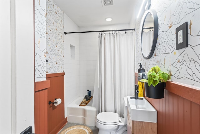 full bathroom with toilet, vanity, and shower / bath combination with curtain