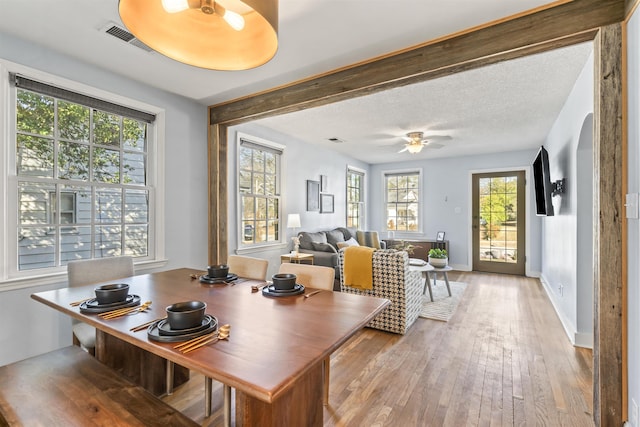 dining space with a textured ceiling, ceiling fan, light hardwood / wood-style floors, and a healthy amount of sunlight