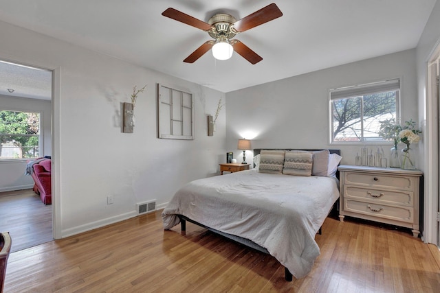 bedroom featuring ceiling fan and light hardwood / wood-style floors