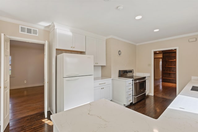 kitchen with stainless steel electric range, white refrigerator, dark wood-type flooring, light stone counters, and white cabinets