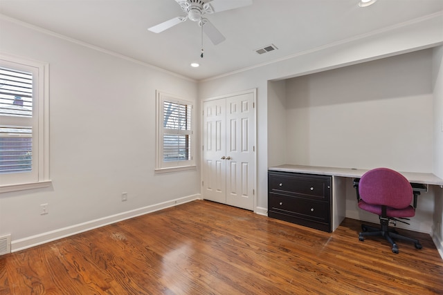 office featuring hardwood / wood-style flooring, ceiling fan, and crown molding