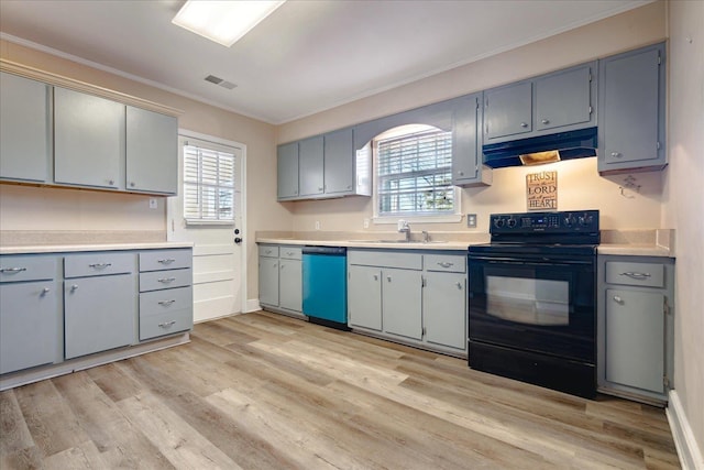 kitchen featuring electric range, dishwasher, light wood-type flooring, plenty of natural light, and sink