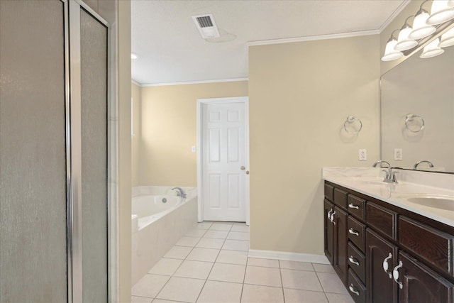 bathroom featuring plus walk in shower, ornamental molding, tile patterned floors, and vanity