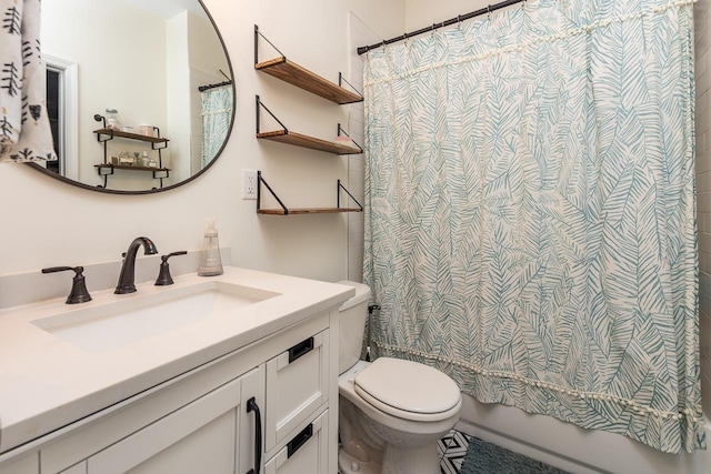 full bathroom with toilet, shower / bath combination with curtain, and vanity