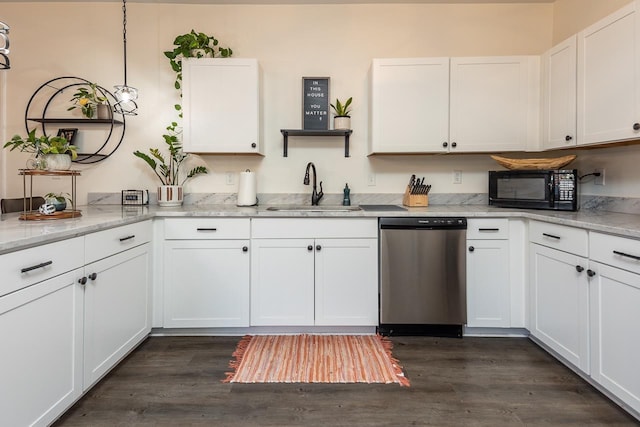 kitchen with sink, white cabinets, dishwasher, and light stone countertops