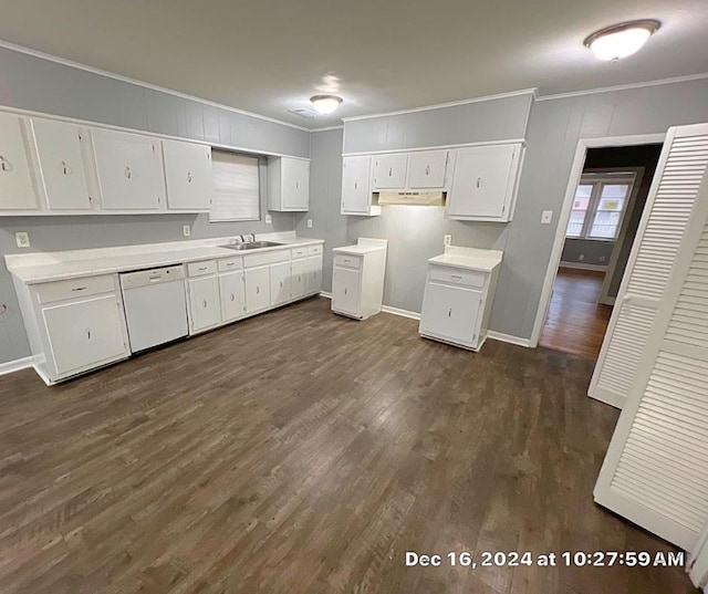 kitchen with sink, white dishwasher, white cabinets, and dark hardwood / wood-style flooring