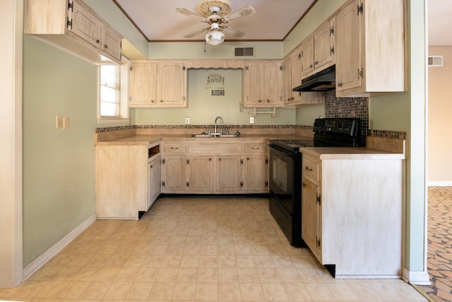 kitchen with sink, black / electric stove, light brown cabinetry, and ceiling fan