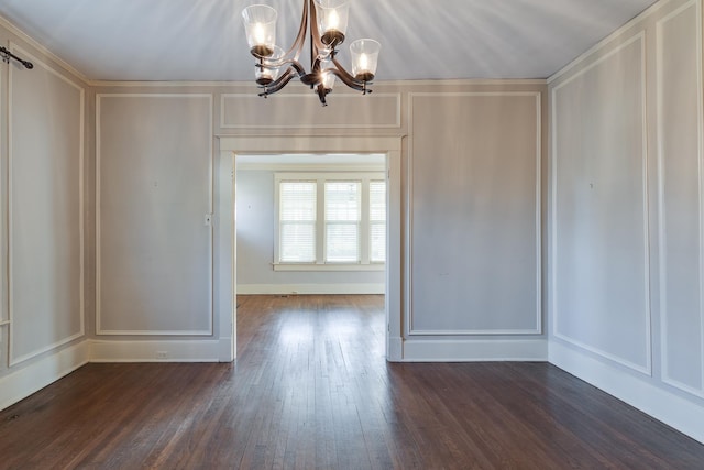 unfurnished dining area with dark wood-type flooring and an inviting chandelier