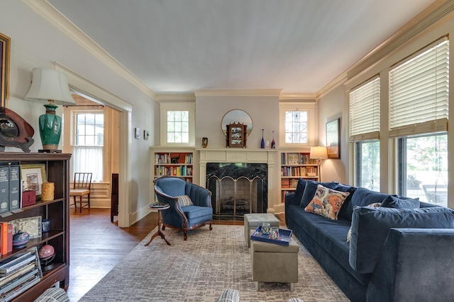 living room with a fireplace, wood-type flooring, crown molding, and a healthy amount of sunlight