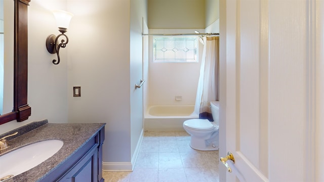 full bathroom with shower / bath combo, baseboards, toilet, tile patterned flooring, and vanity