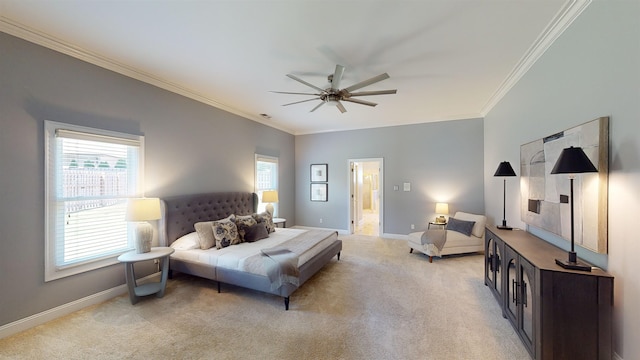 bedroom with ornamental molding, light carpet, ceiling fan, and baseboards