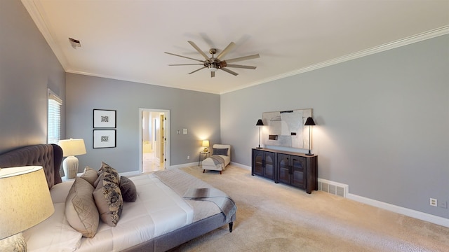 bedroom with carpet floors, baseboards, visible vents, and crown molding