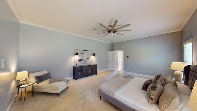 bedroom with baseboards, ornamental molding, and light colored carpet