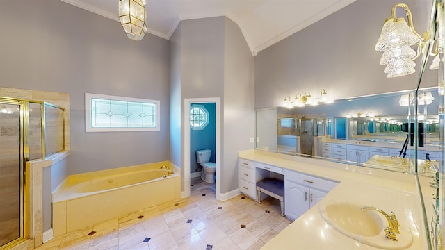 full bathroom featuring a stall shower, toilet, ornamental molding, vanity, and a bath