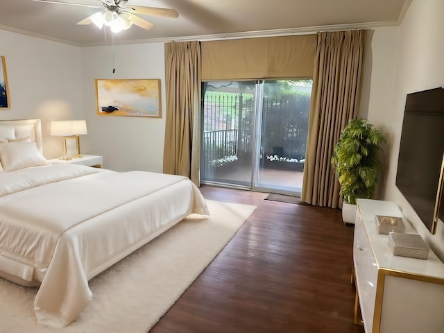 bedroom featuring ceiling fan, access to exterior, crown molding, and dark wood-type flooring