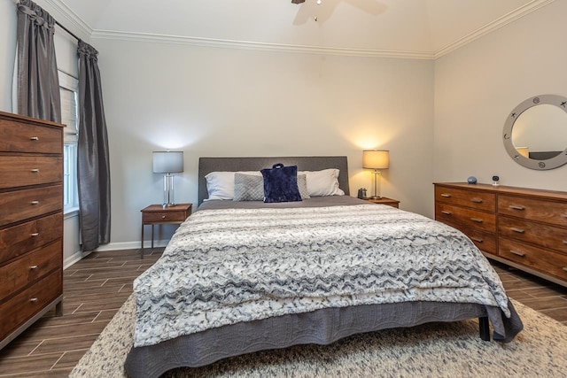 bedroom featuring ceiling fan and ornamental molding