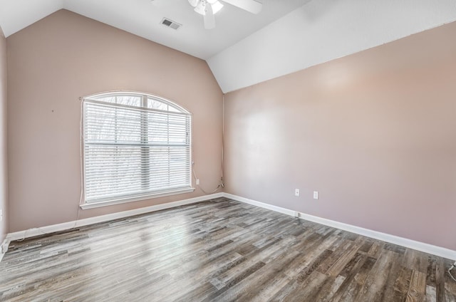 unfurnished room with ceiling fan, lofted ceiling, and hardwood / wood-style floors