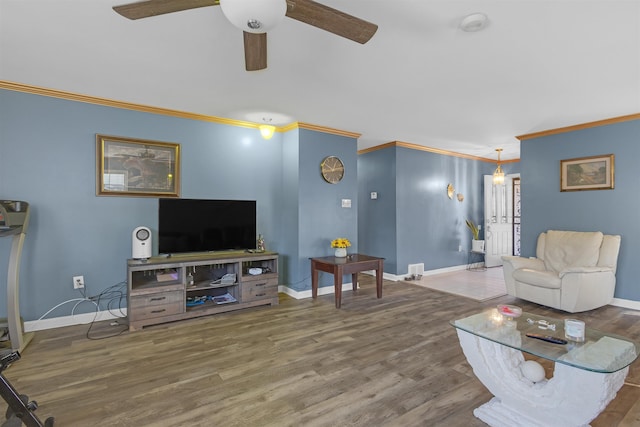 living room with ceiling fan, dark hardwood / wood-style flooring, and crown molding