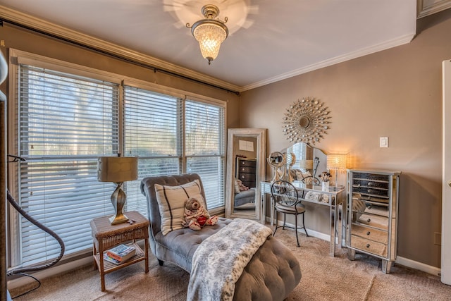 living area featuring crown molding and light carpet