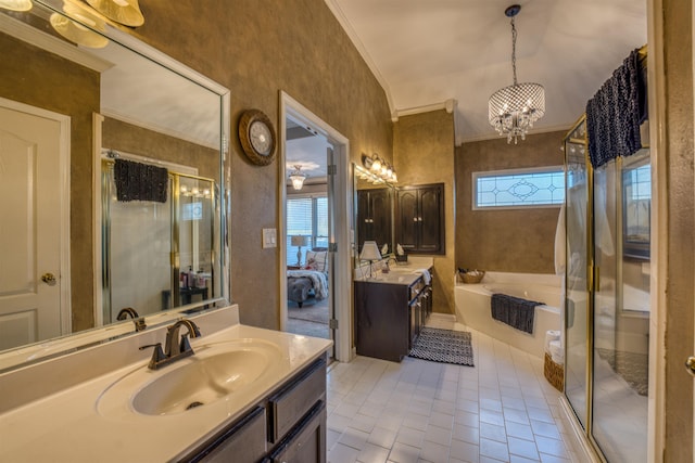 bathroom featuring separate shower and tub, vanity, tile patterned flooring, ornamental molding, and a chandelier