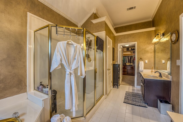 bathroom with walk in shower, vanity, tile patterned flooring, vaulted ceiling, and ornamental molding