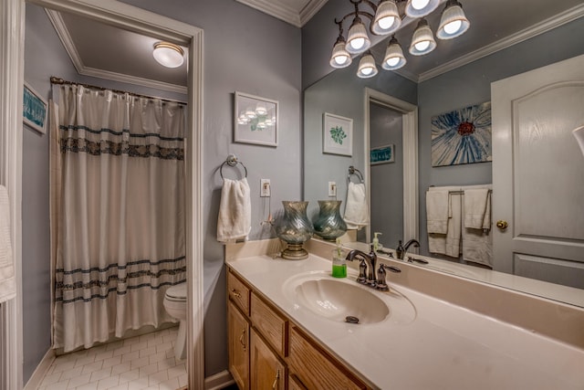 bathroom featuring tile patterned floors, vanity, a shower with curtain, toilet, and crown molding