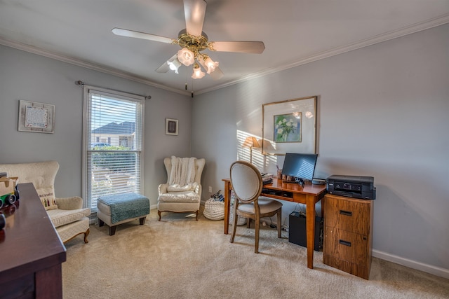 office space featuring ceiling fan, ornamental molding, and light carpet