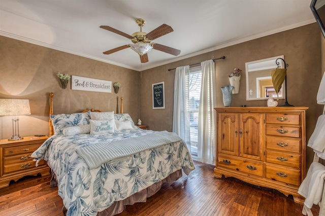 bedroom featuring ceiling fan, dark hardwood / wood-style flooring, and ornamental molding