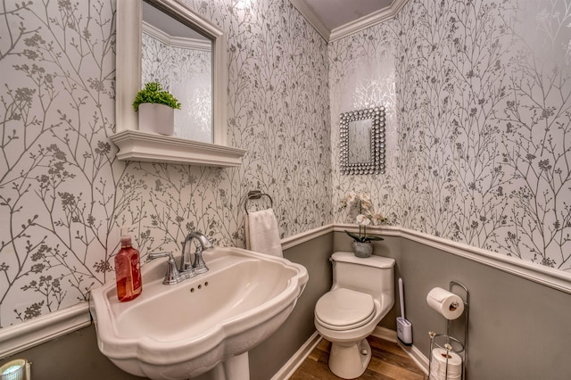 bathroom featuring sink, hardwood / wood-style floors, toilet, and ornamental molding