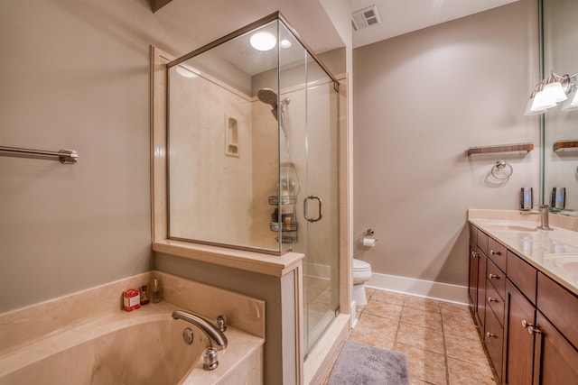 full bathroom featuring tile patterned floors, vanity, toilet, and shower with separate bathtub