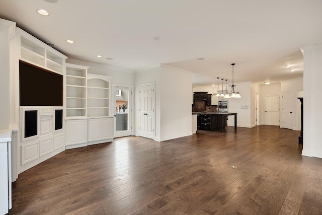 unfurnished living room featuring dark wood-type flooring and crown molding