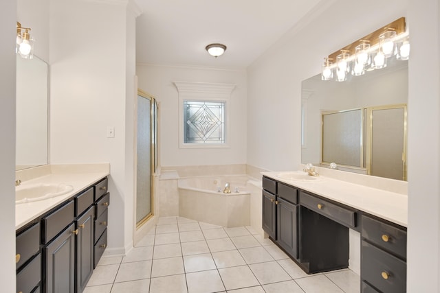 bathroom featuring tile patterned floors, vanity, crown molding, and plus walk in shower