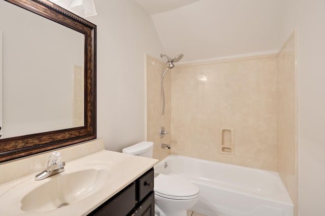 full bathroom featuring shower / bathtub combination, toilet, vanity, and vaulted ceiling