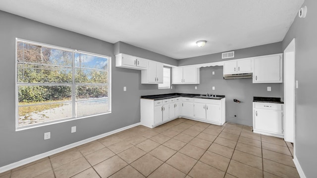 kitchen featuring sink, light tile patterned flooring, white cabinetry, and a textured ceiling