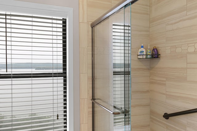 interior details with a shower with door