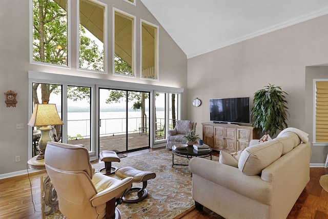 living room with high vaulted ceiling and hardwood / wood-style flooring