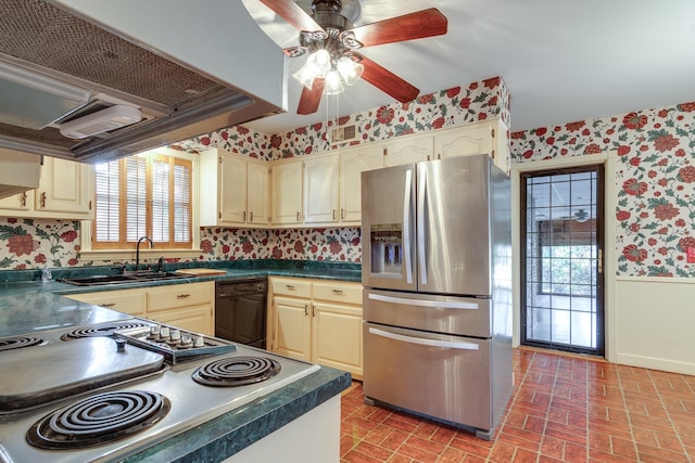 kitchen with dishwasher, extractor fan, sink, stainless steel fridge, and range